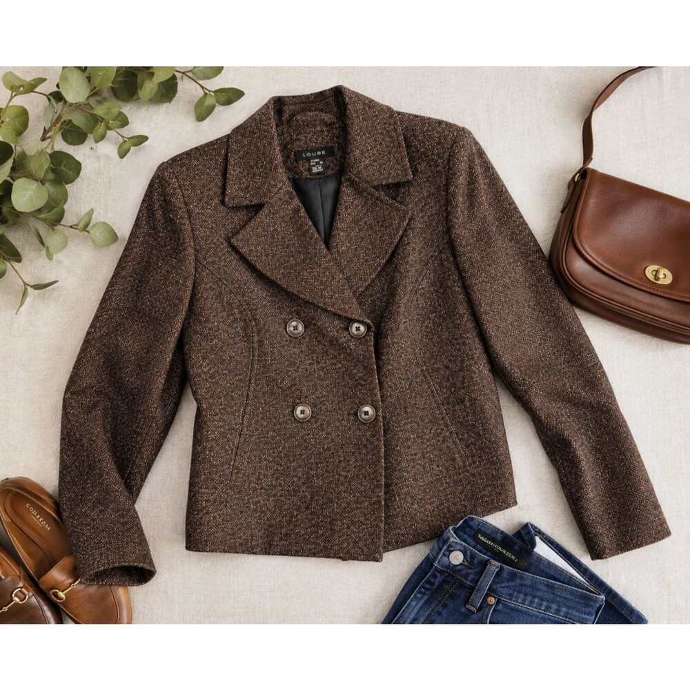 Louben Wool Tweed Blazer Womens 10 Brown Double Breasted Career Jacket Canada